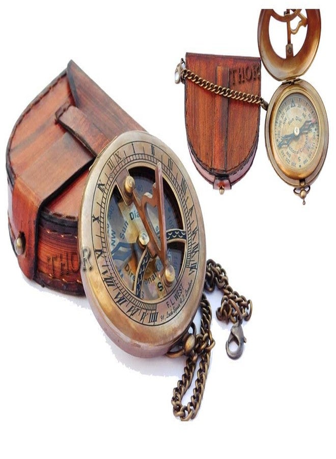 THOR INSTRUMENTS Brass Sundial Compass with Leather Case and Chain | Push Open Compass | Vintage Steampunk Accessory Pocket Compass | Beautiful Handmade Gift Sundial Clock | Antiquated Finish Pocket Compass - Image 1
